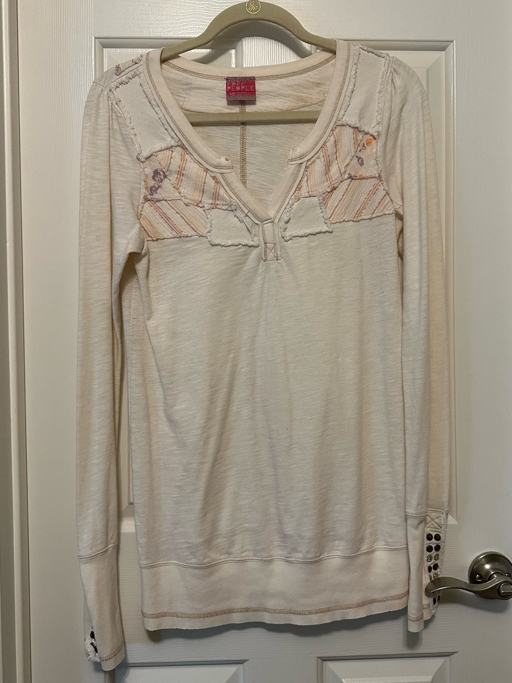 Free People Cream Long Sleeve Henley Top with Subtle Peach Accents